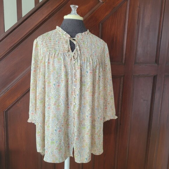 Rose & Olive Floral Prairie Blouse With Ruffle Collar & Tie Front 1x Button Up - Picture 1 of 7